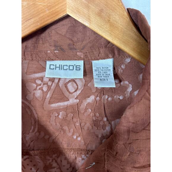 Chicos Button Up 2 Large Brown Sheer Abstract Linen Blend Jacket - Picture 9 of 13